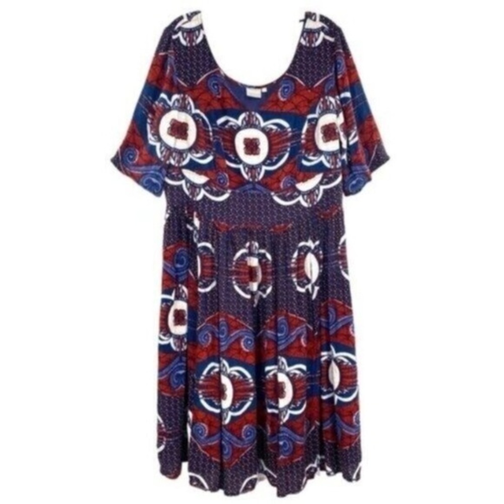 eShakti Red and Blue Cotton Boho Print Dress Tribal Western